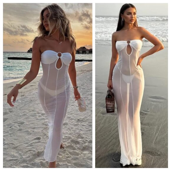 Mermaid Tales White Mesh O Ring Bandeau Strapless Sheer Cover Up Maxi Dress - Picture 1 of 4